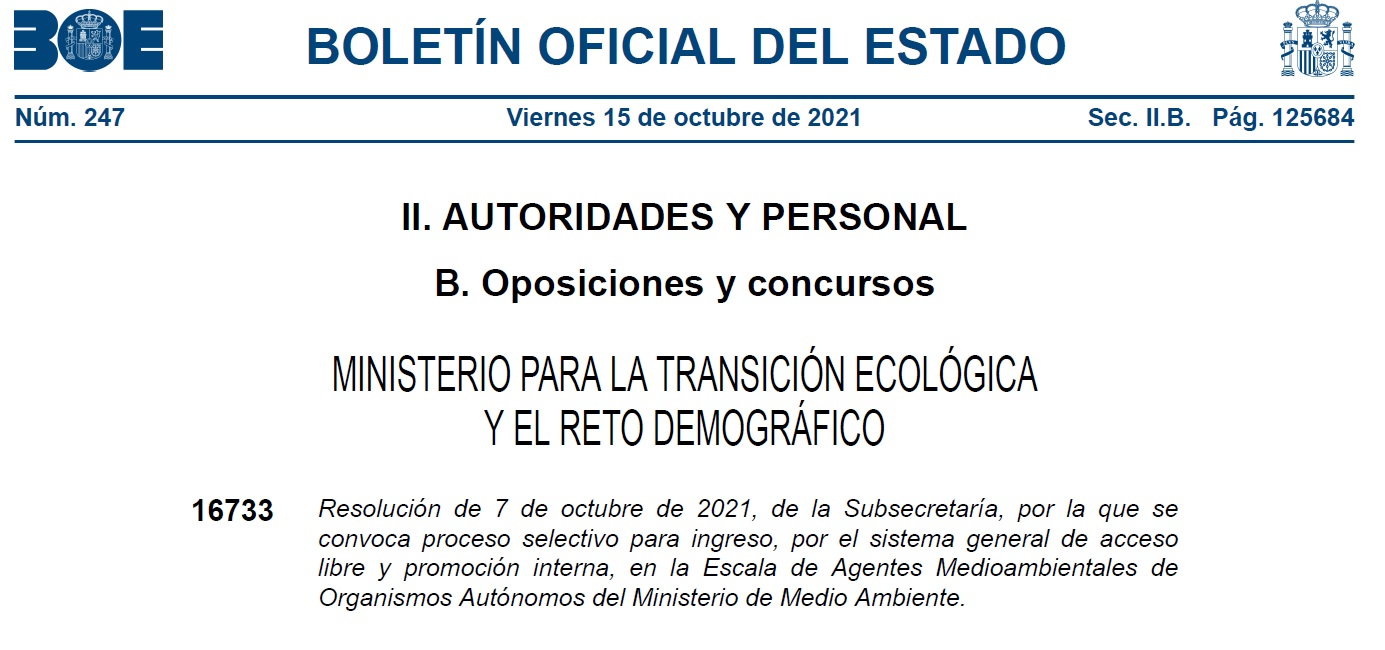 Se ha publicado la convocatoria para cubrir 90 plazas de Agente Medioambiental de Organismos Autónomos del Ministerio de Medio Ambiente.
